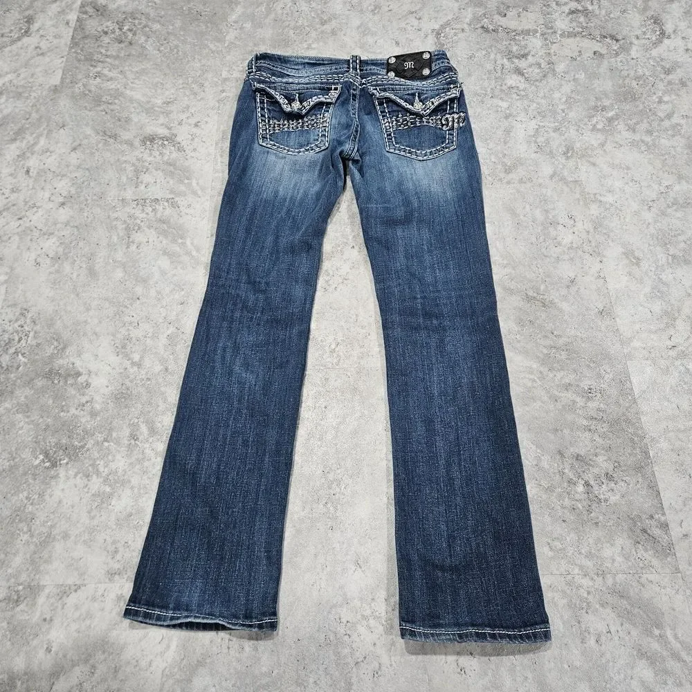 Miss Me Low Rise Distressed Denim Straight Jeans 28 Studded Flap Pockets Bling - Picture 10 of 12